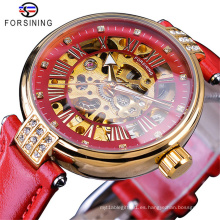 Forsining 188 Golden Skeleton Diamond Watch Design Banda de cuero genuino rojo Relojes mecánicos impermeables para mujer